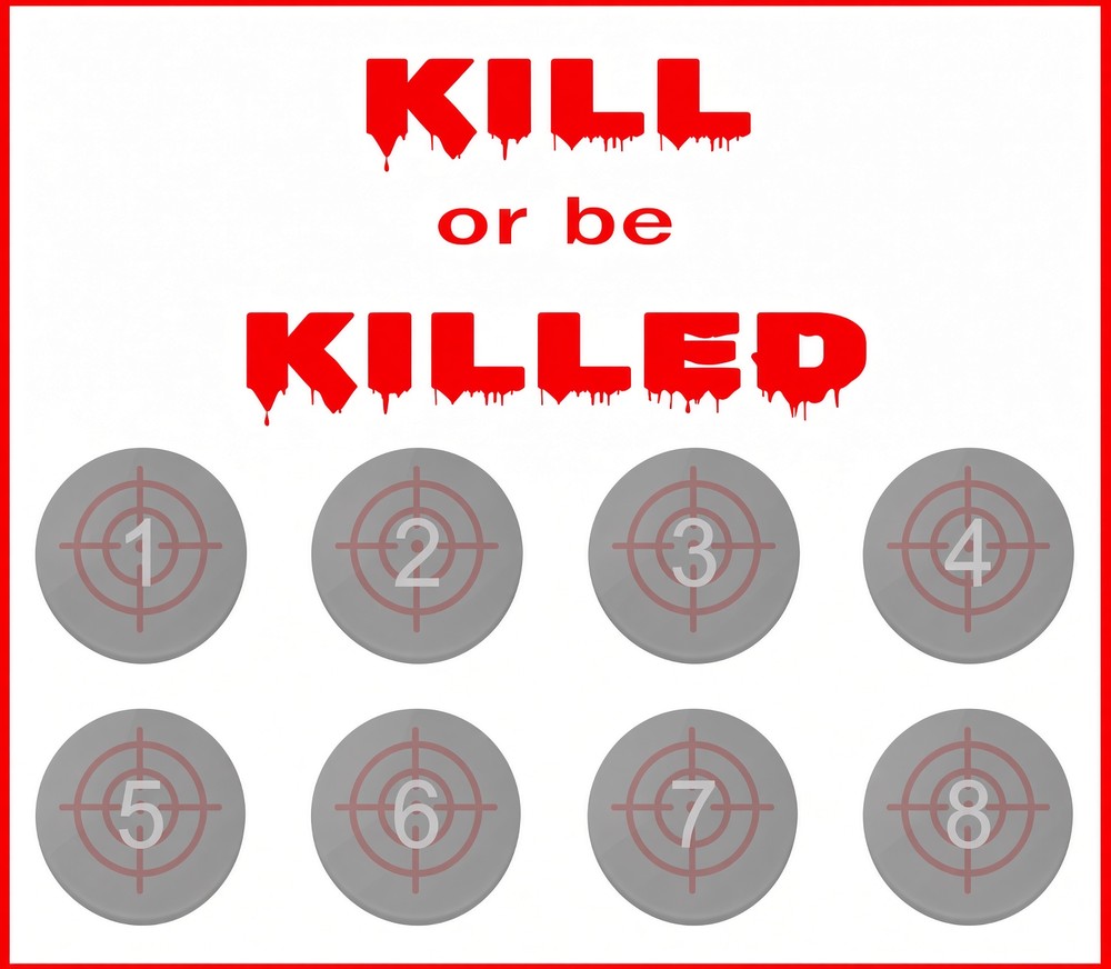 Kill Shot Dice card front — Kill or be Killed, targets 1 to 8